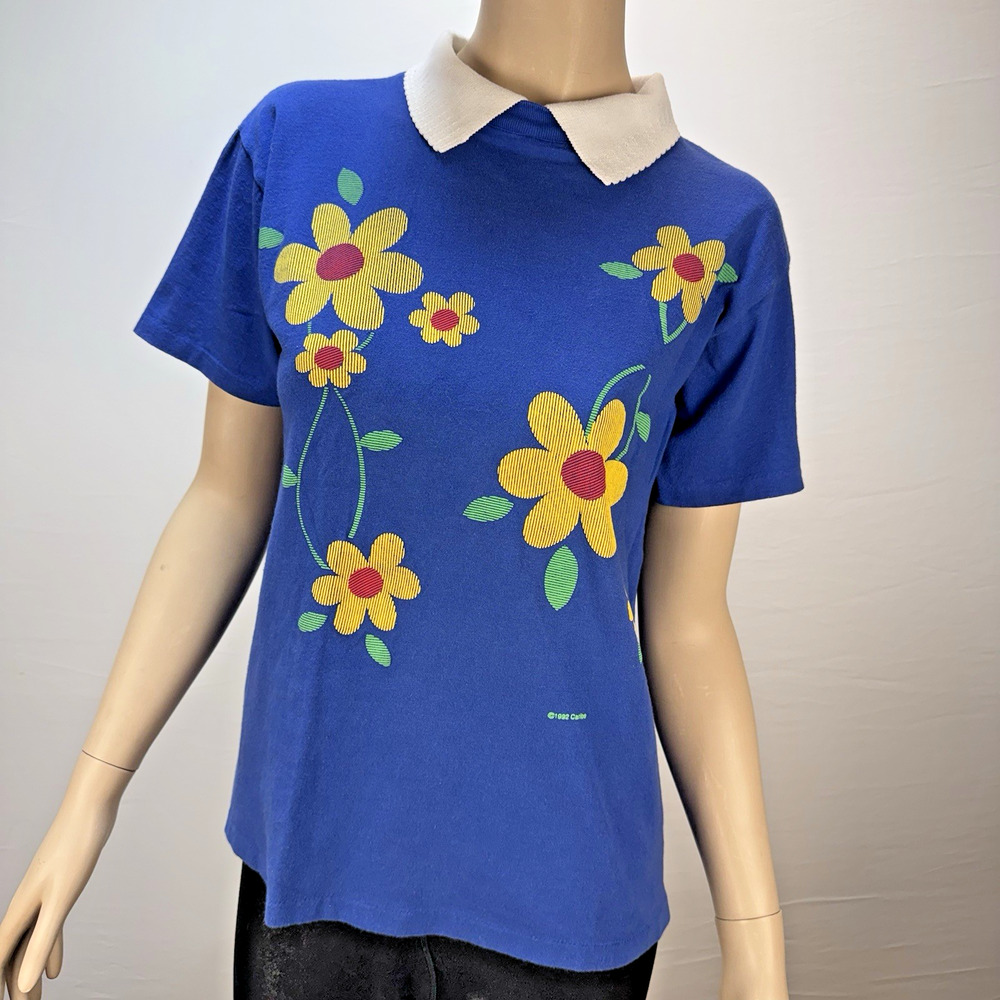 Vintage‎ 90s Caribe Collared Blue Yellow Floral T-Shirt Size M Cotton Cottage